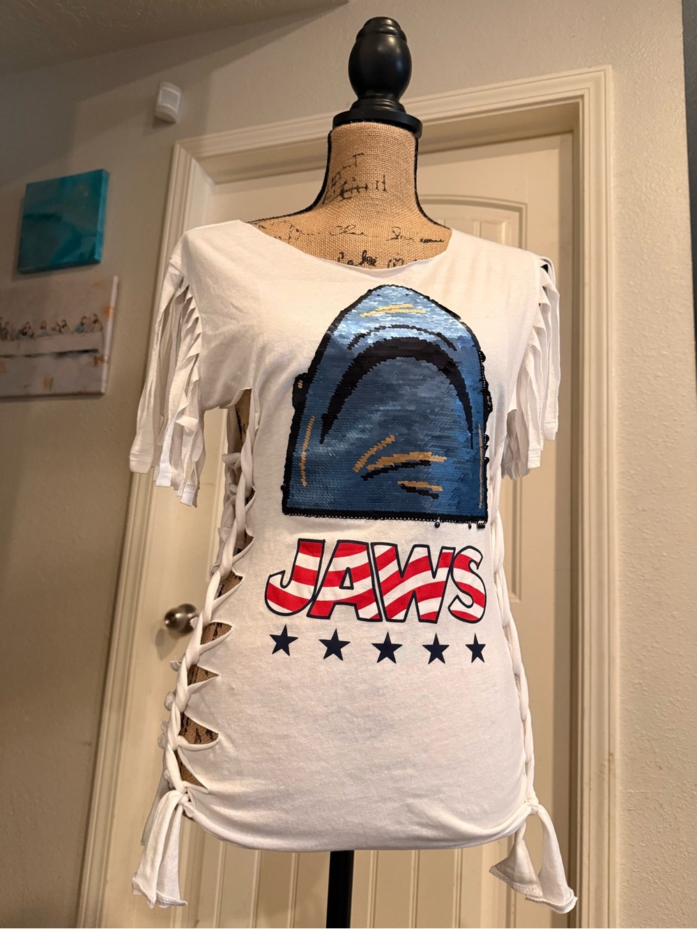 Jaws Reworked Distressed Cutout Sequence Tee – Size Small
